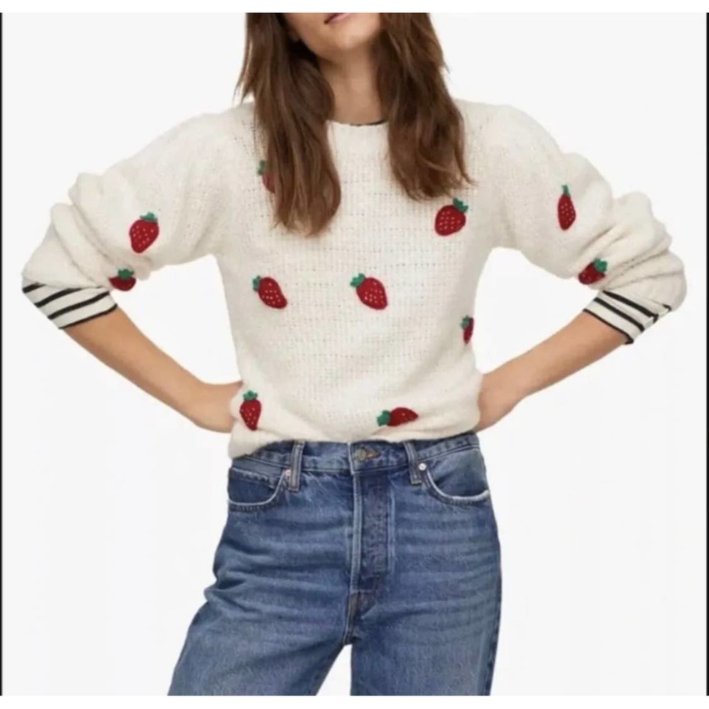 Mango Cream Sweater with Red Strawberry Embroidery